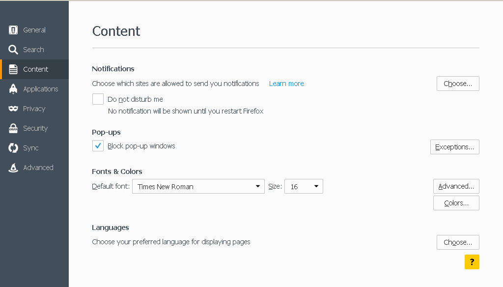 Mozilla Block Pop-ups in Content tab